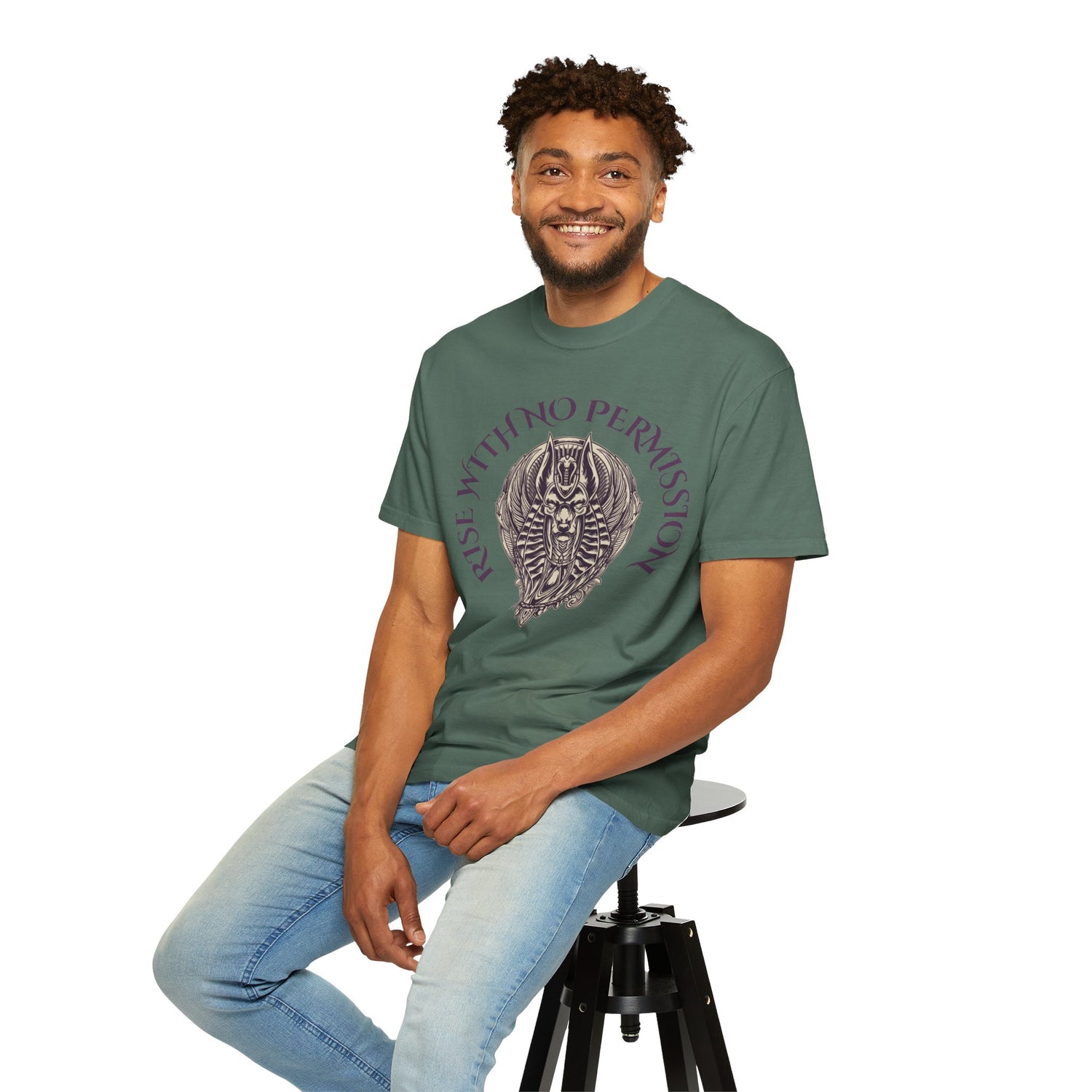 Rise With No Permission T-Shirt — Anubis Helmet Graphic Tee (“Your Song Is Your Spell”)
