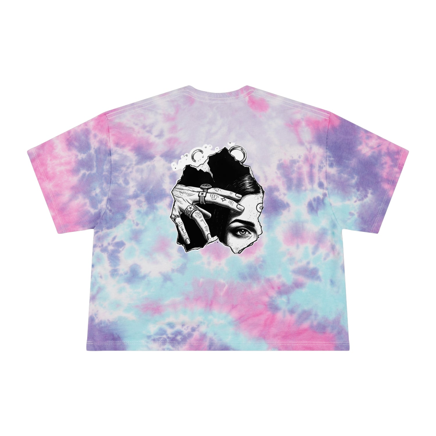 Tie-Dye Crop Tee — Celestial Snake &amp; Eye Graphic Women’s Crop Top