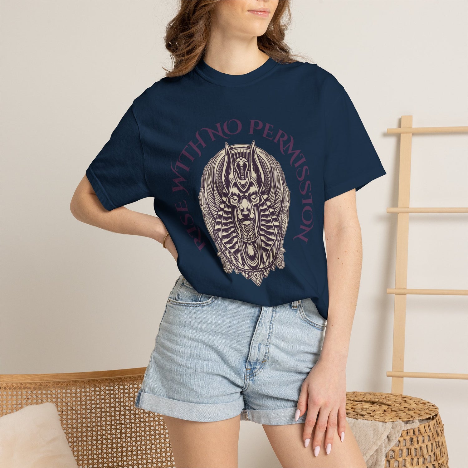 Rise With No Permission T-Shirt — Anubis Helmet Graphic Tee (“Your Song Is Your Spell”)