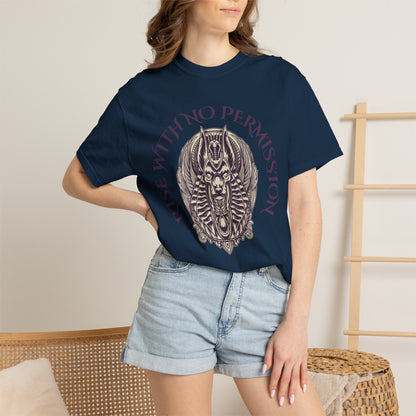Rise With No Permission T-Shirt — Anubis Helmet Graphic Tee (“Your Song Is Your Spell”)