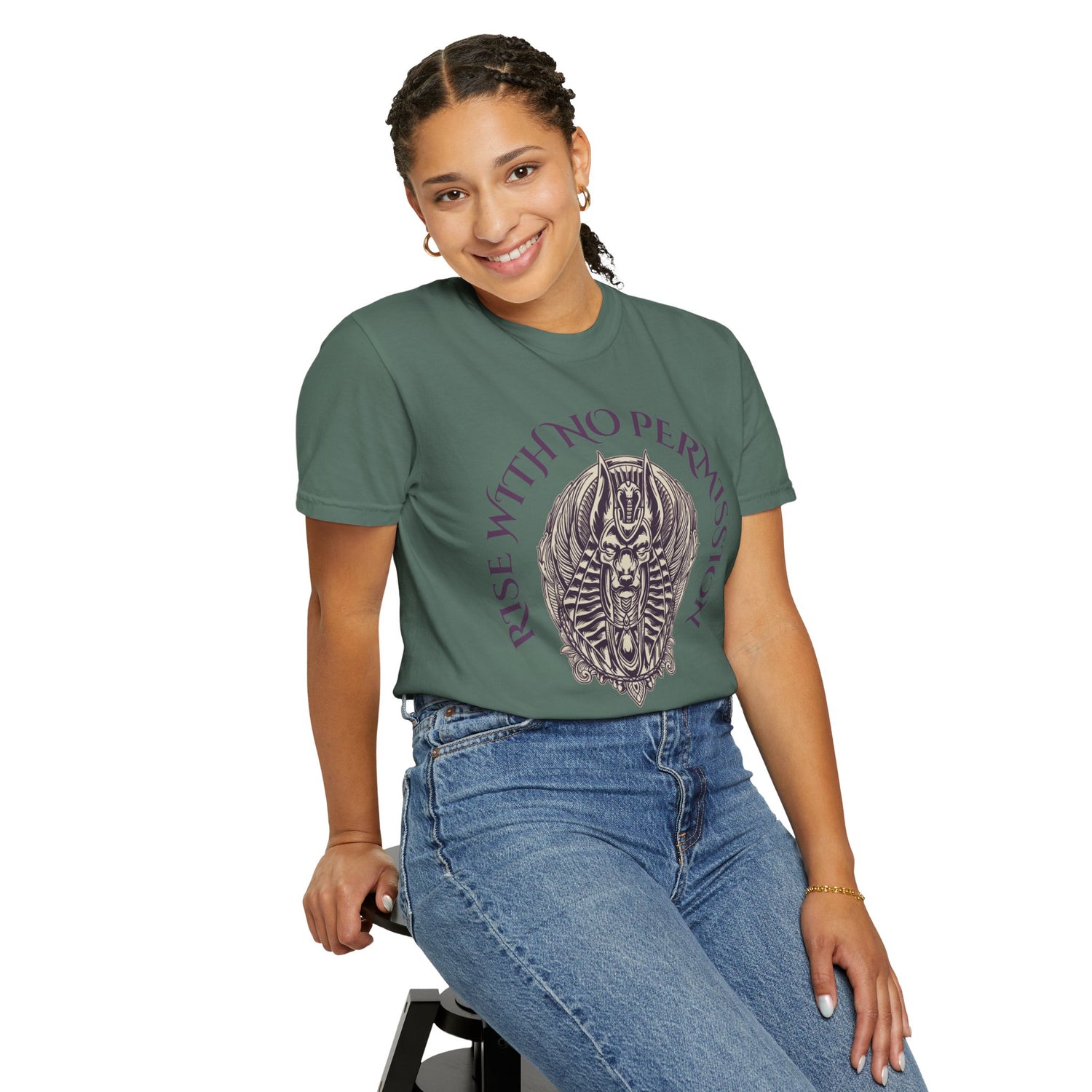 Rise With No Permission T-Shirt — Anubis Helmet Graphic Tee (“Your Song Is Your Spell”)