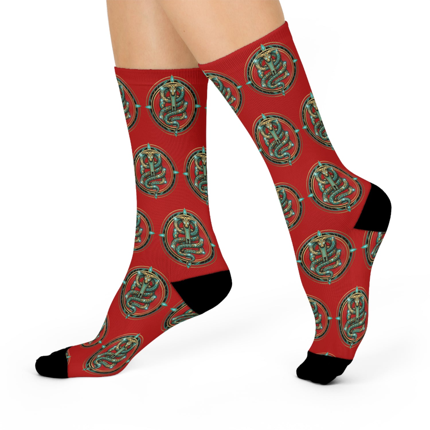 Slytherin Crest Cushioned Crew Socks — Hogwarts House Green Snake on Burgundy
