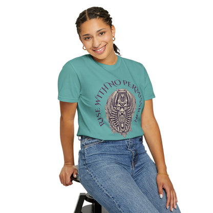 Rise With No Permission T-Shirt — Anubis Helmet Graphic Tee (“Your Song Is Your Spell”)