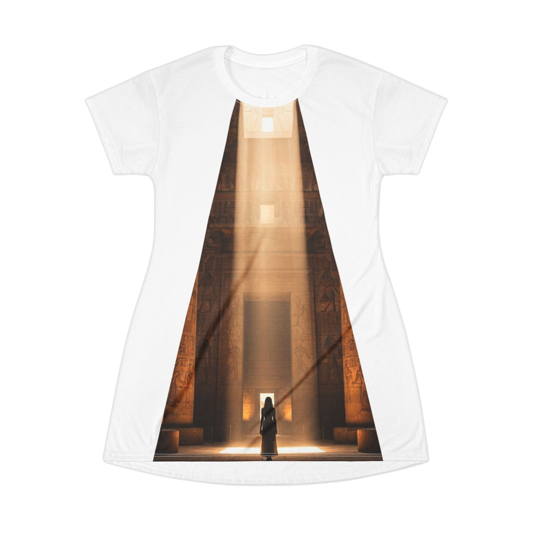 Saga Temple T-Shirt Dress — Dramatic Sunbeam Shrine Graphic