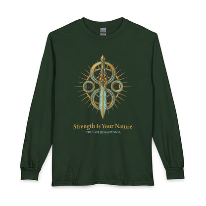 Strength Is Your Nature Long Sleeve Tee — Geometric Serpent Sword and Scarab Design