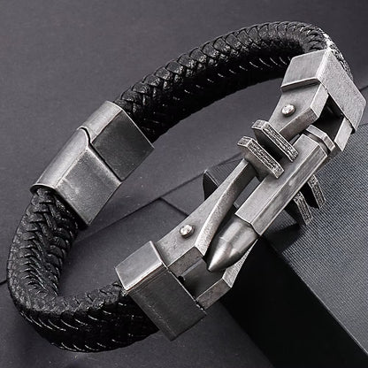 Black Leather &amp; Steel Bracelet 316L Stainless Steel Clasp | Structured Men’s Wristband