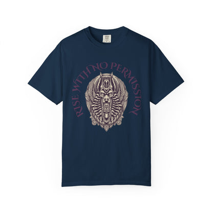 Rise With No Permission T-Shirt — Anubis Helmet Graphic Tee (“Your Song Is Your Spell”)