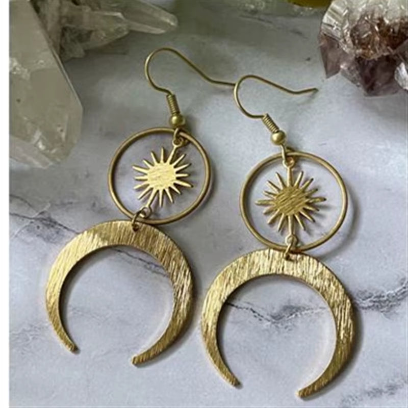 Celestial Crescent Drop Earrings Sun &amp; Moon Brass Statement