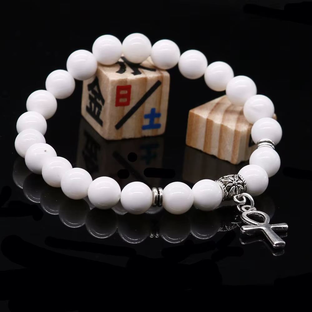 Cinnabar &amp; Tridacna Ankh Bracelet 8mm Natural Stone Beads | 19cm