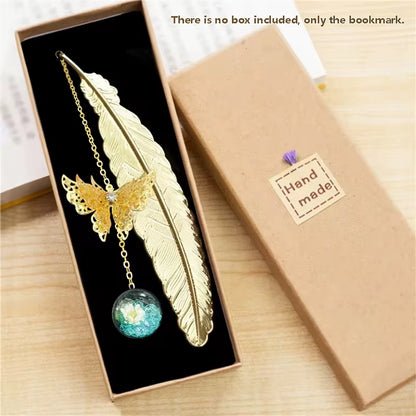Metal Feather Bookmark with Butterfly &amp; Dried Flower Pendant
