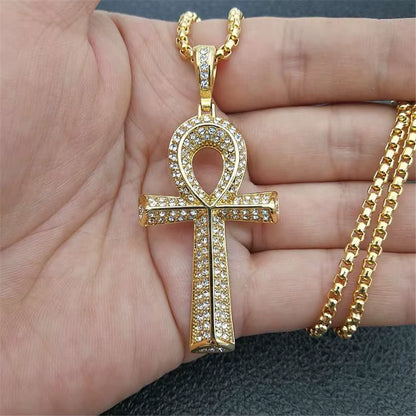 Iced Ankh Cross Pendant Stainless Steel Necklace with Full Crystal Detailing (Unisex)