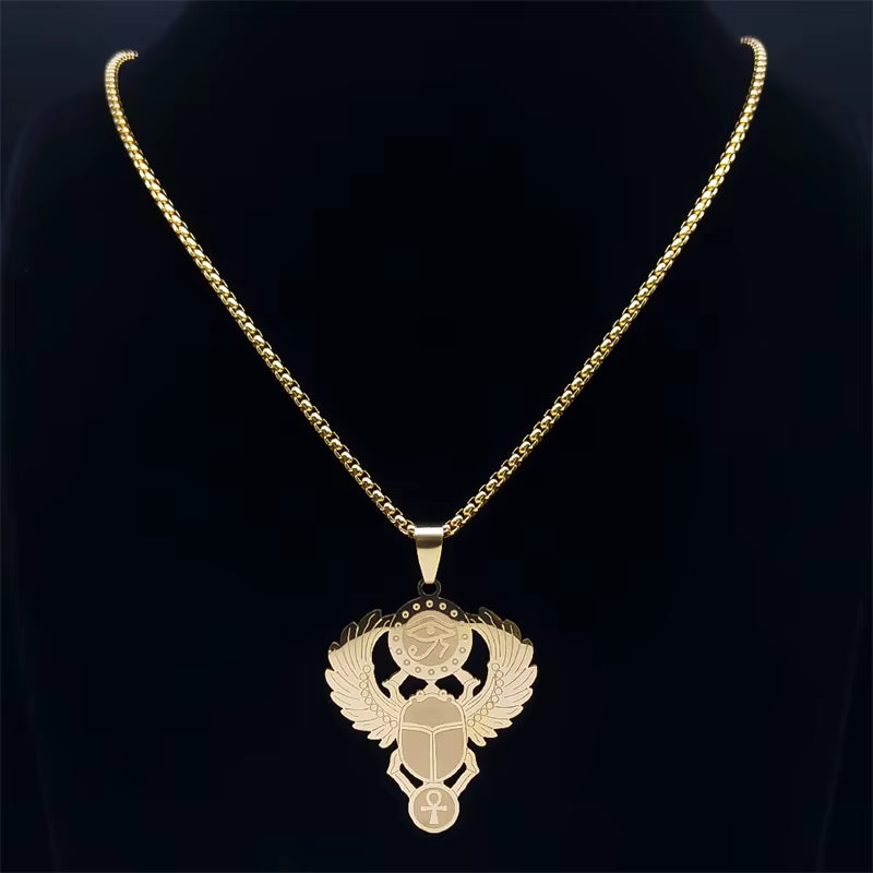 Scarab &amp; Solar Eye Pendant Necklace Gold-Tone Stainless Steel with Ankh Detail (Unisex)