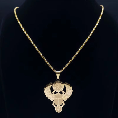 Scarab &amp; Solar Eye Pendant Necklace Gold-Tone Stainless Steel with Ankh Detail (Unisex)