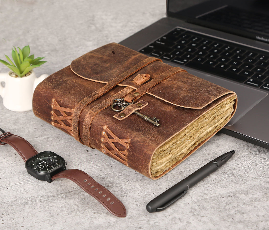  Vintage Leather Journal with Lined Deckle-Edge Paper &amp; Key Closure 8 × 6 Inches • 240 Pages • Handmade