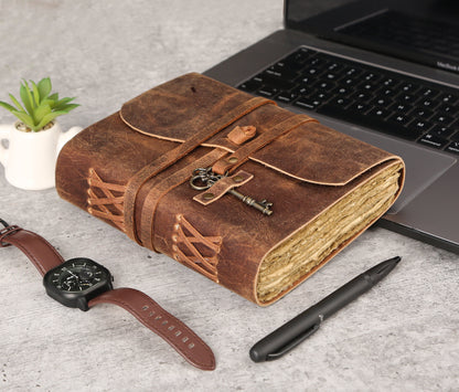 Vintage Leather Journal with Lined Deckle-Edge Paper &amp; Key Closure 8 × 6 Inches • 240 Pages • Handmade