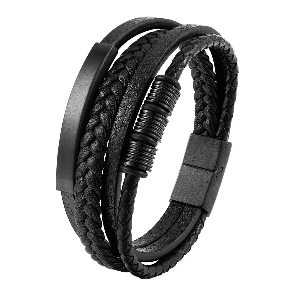 Stylish Charm Braid Rope Bracelet for Men with Stainless Steel Magnetic Buckle - Genuine Leather Jewelry
