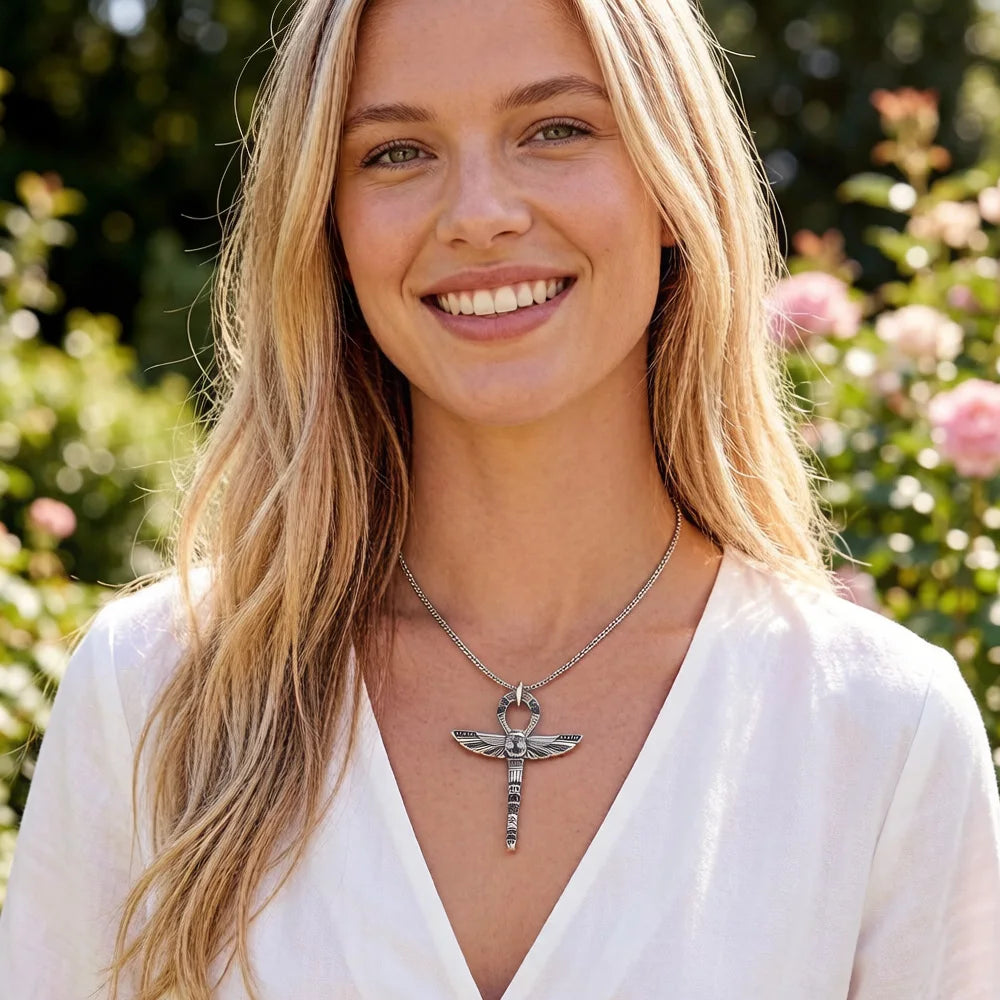 Elevate Your Style with the Vintage Large Scarab Ankh Cross Pendant Amulet in 925 Sterling Silver - Perfect Gift for Any Occasion!