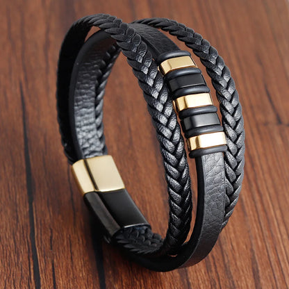 Stylish Charm Braid Rope Bracelet for Men with Stainless Steel Magnetic Buckle - Genuine Leather Jewelry