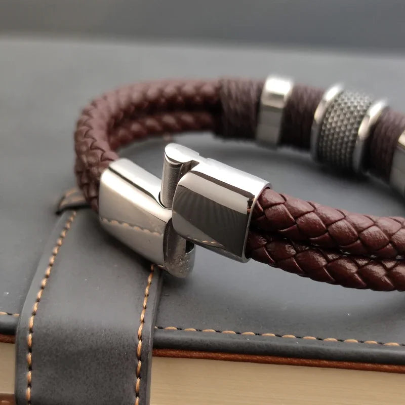 Stylish Luxury Vintage Multilayer Brown Leather and Stainless Steel Bracelet for Men - Perfect Gift for Any Occasion