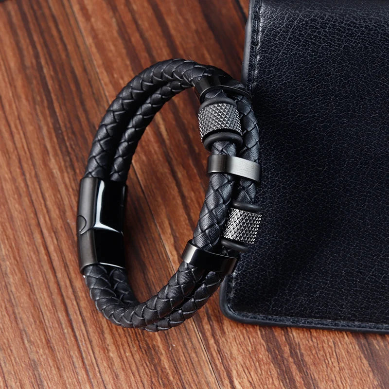 Stylish Charm Braid Rope Bracelet for Men with Stainless Steel Magnetic Buckle - Genuine Leather Jewelry