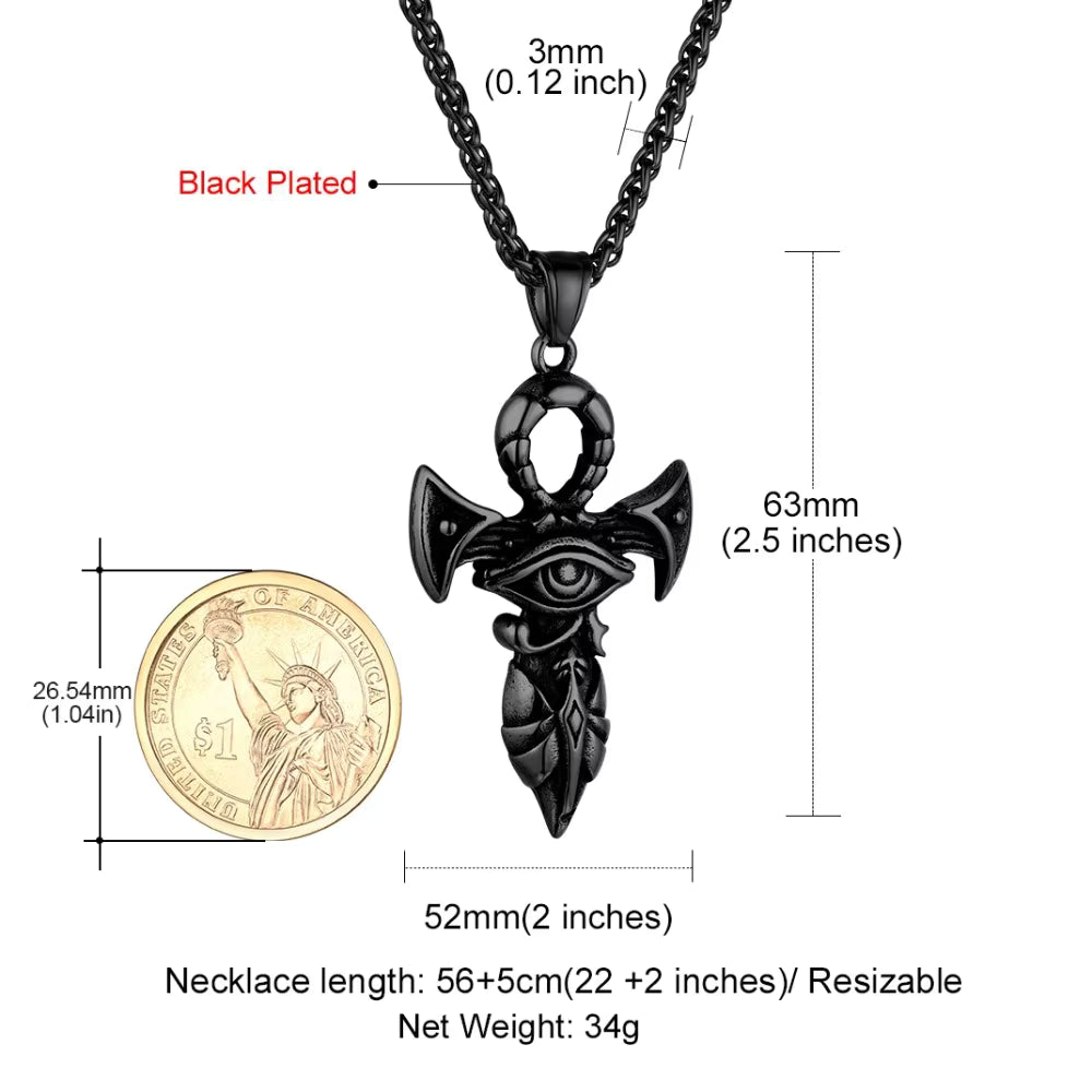Grand Ankh &amp; Eye Pendant 316L Stainless Steel | 22" Wheat Chain