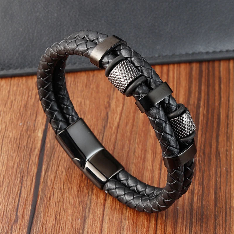 Stylish Charm Braid Rope Bracelet for Men with Stainless Steel Magnetic Buckle - Genuine Leather Jewelry