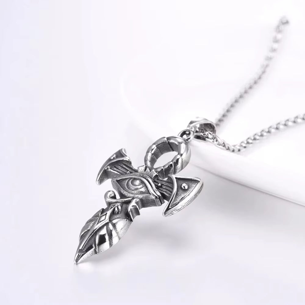 Grand Ankh &amp; Eye Pendant 316L Stainless Steel | 22" Wheat Chain