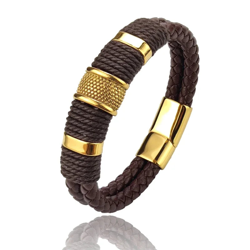 Stylish Luxury Vintage Multilayer Brown Leather and Stainless Steel Bracelet for Men - Perfect Gift for Any Occasion