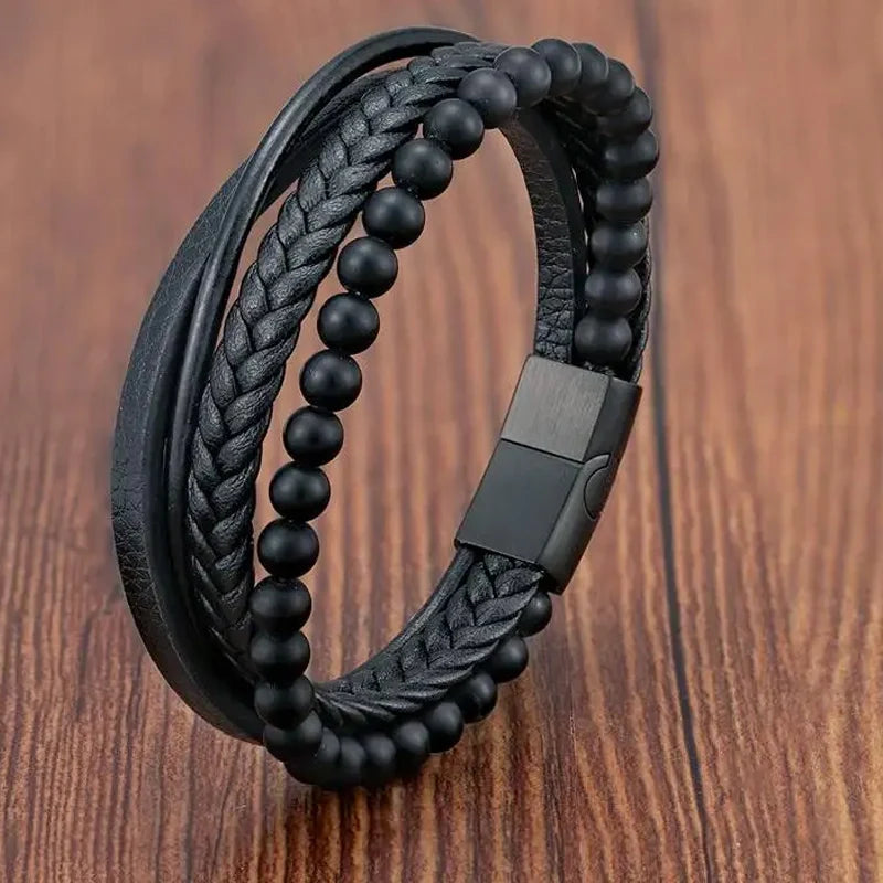 Stylish Charm Braid Rope Bracelet for Men with Stainless Steel Magnetic Buckle - Genuine Leather Jewelry