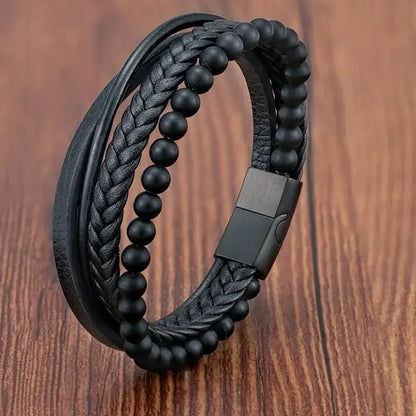 Stylish Charm Braid Rope Bracelet for Men with Stainless Steel Magnetic Buckle - Genuine Leather Jewelry