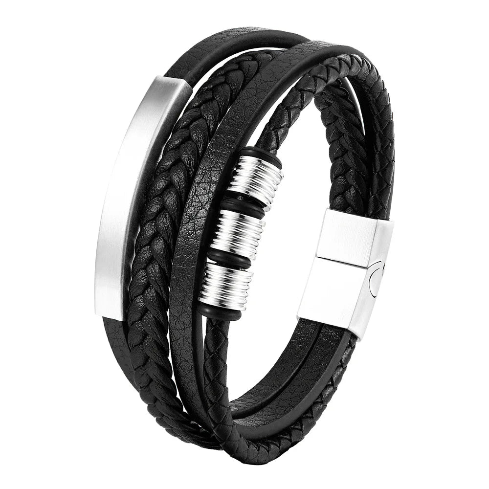 Stylish Charm Braid Rope Bracelet for Men with Stainless Steel Magnetic Buckle - Genuine Leather Jewelry