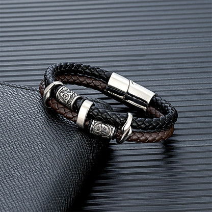 Discover the Vintage Vikings Compass Multilayer Genuine Leather Bracelet - A Stylish Blend of Norse Runes and Stainless Steel for Men and Women
