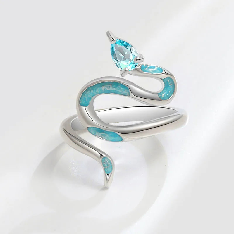 Exquisite 925 Sterling Silver Drip Glue Cyan Snake Ring - A Luxurious Cocktail Ring for Women and Girls, Perfect for Weddings and Special Occasions