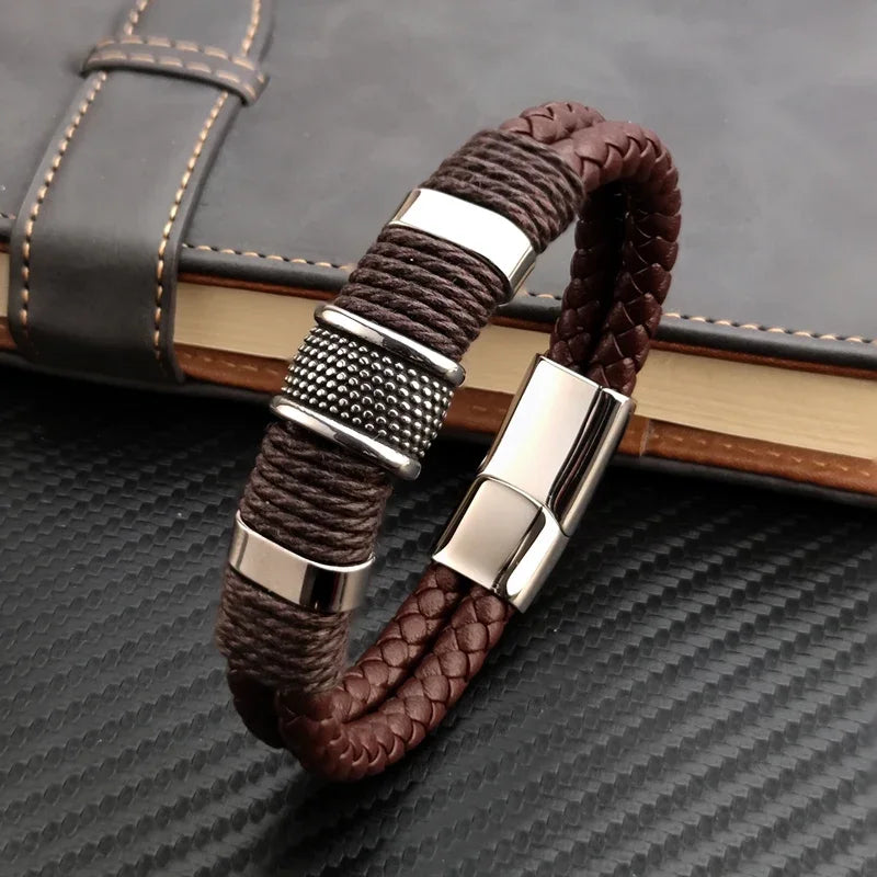 Stylish Luxury Vintage Multilayer Brown Leather and Stainless Steel Bracelet for Men - Perfect Gift for Any Occasion