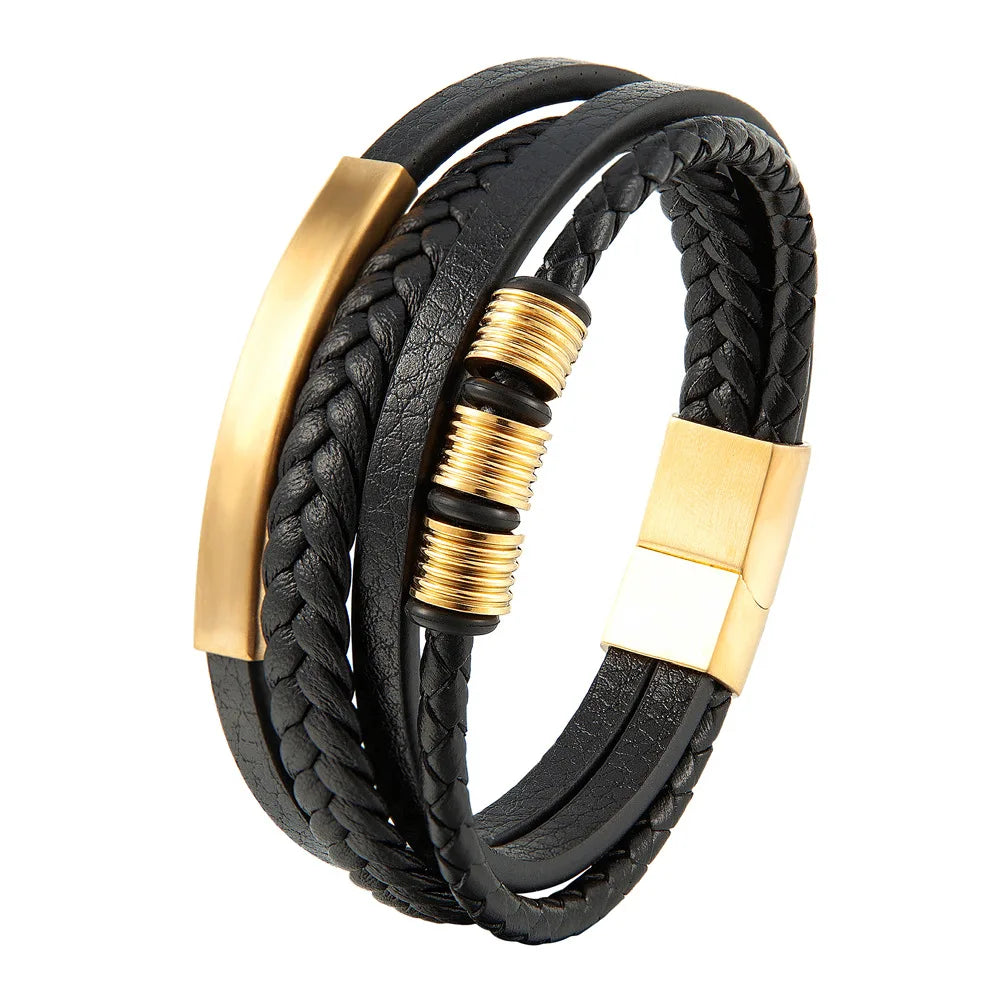 Stylish Charm Braid Rope Bracelet for Men with Stainless Steel Magnetic Buckle - Genuine Leather Jewelry