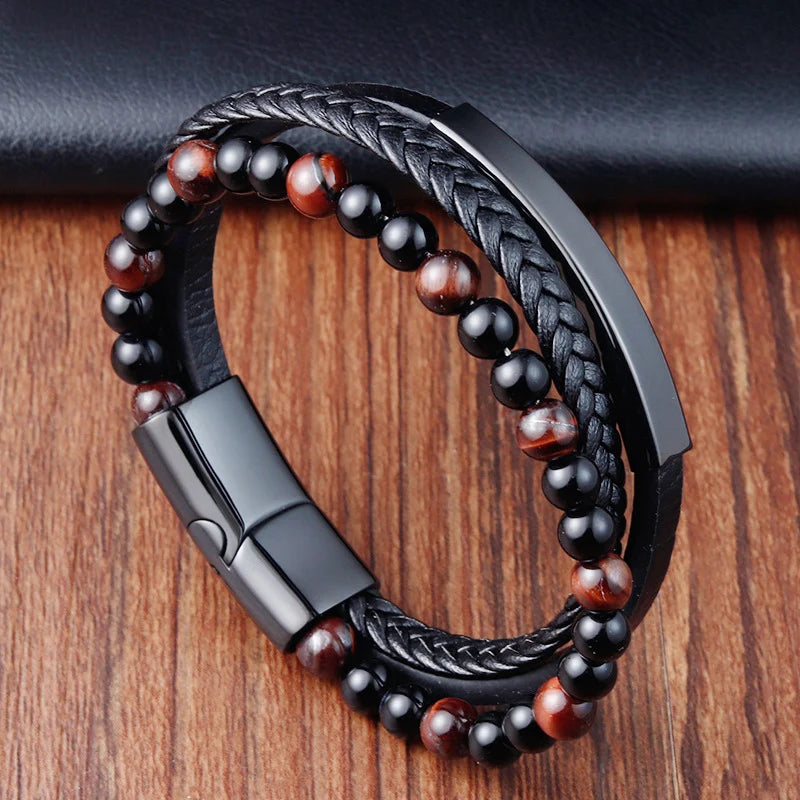 Stylish Charm Braid Rope Bracelet for Men with Stainless Steel Magnetic Buckle - Genuine Leather Jewelry