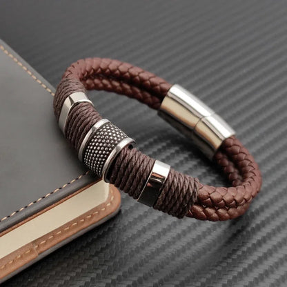 Stylish Luxury Vintage Multilayer Brown Leather and Stainless Steel Bracelet for Men - Perfect Gift for Any Occasion