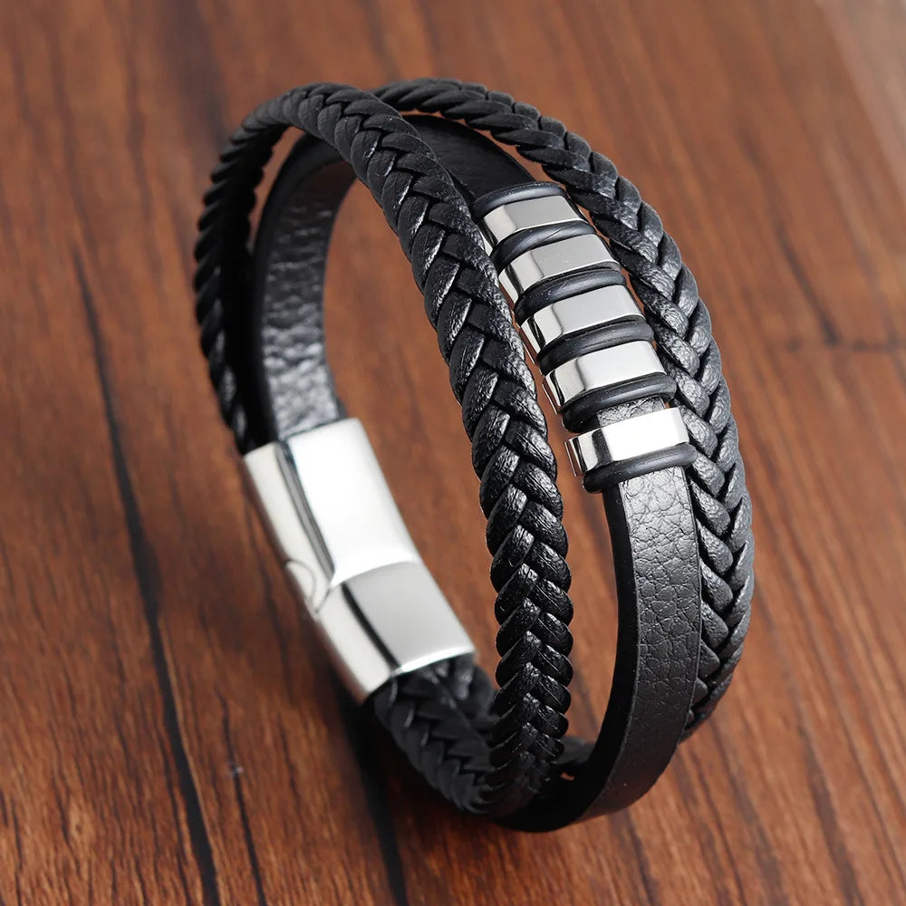 Stylish Charm Braid Rope Bracelet for Men with Stainless Steel Magnetic Buckle - Genuine Leather Jewelry