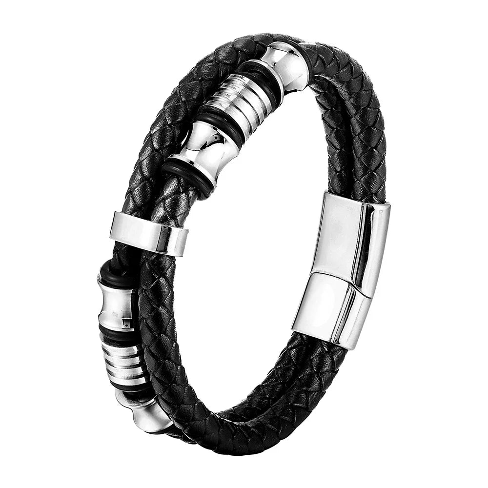 Stylish Charm Braid Rope Bracelet for Men with Stainless Steel Magnetic Buckle - Genuine Leather Jewelry