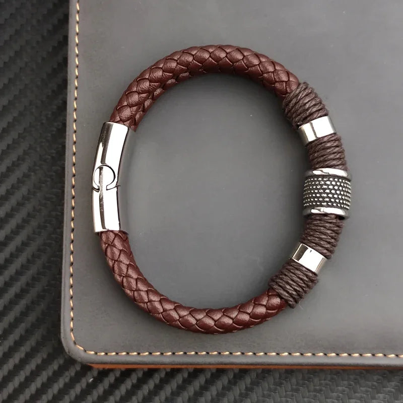 Stylish Luxury Vintage Multilayer Brown Leather and Stainless Steel Bracelet for Men - Perfect Gift for Any Occasion