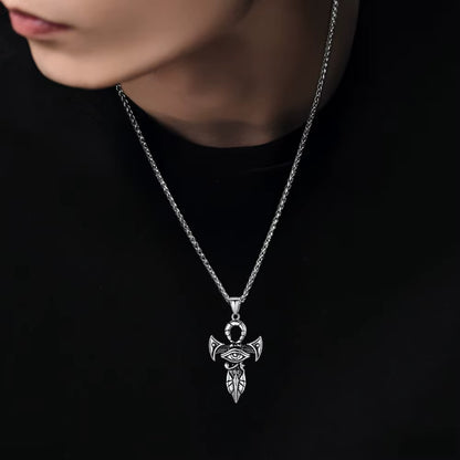 Grand Ankh &amp; Eye Pendant 316L Stainless Steel | 22" Wheat Chain