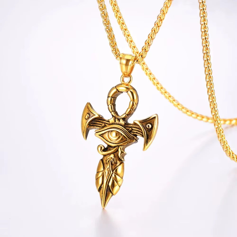 Grand Ankh &amp; Eye Pendant 316L Stainless Steel | 22" Wheat Chain