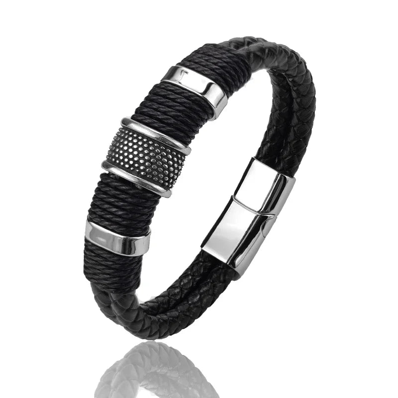 Stylish Luxury Vintage Multilayer Brown Leather and Stainless Steel Bracelet for Men - Perfect Gift for Any Occasion