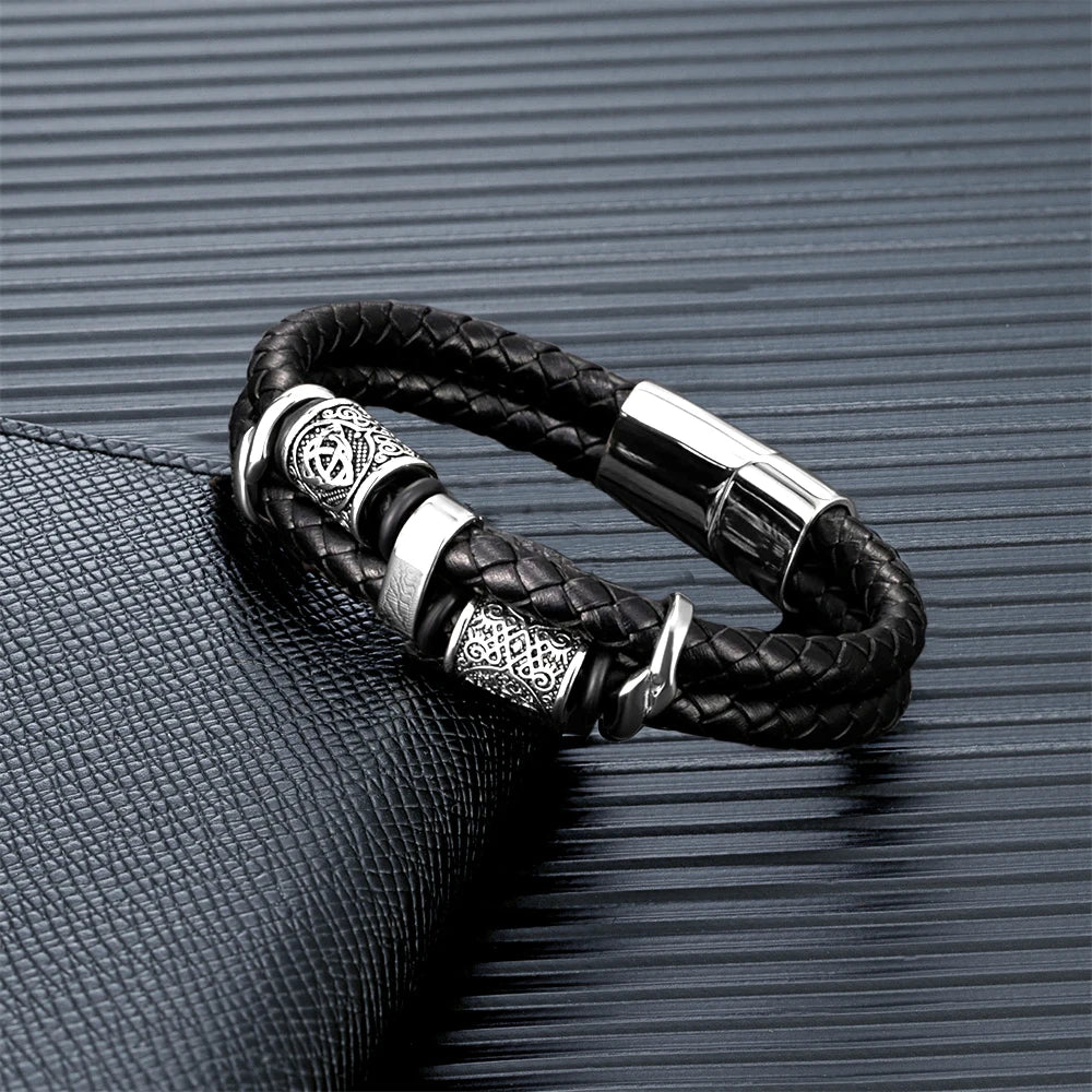 Discover the Vintage Vikings Compass Multilayer Genuine Leather Bracelet - A Stylish Blend of Norse Runes and Stainless Steel for Men and Women