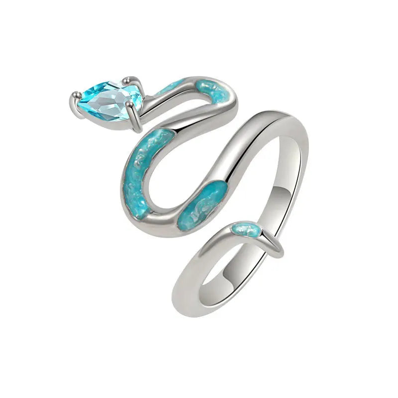 Exquisite 925 Sterling Silver Drip Glue Cyan Snake Ring - A Luxurious Cocktail Ring for Women and Girls, Perfect for Weddings and Special Occasions