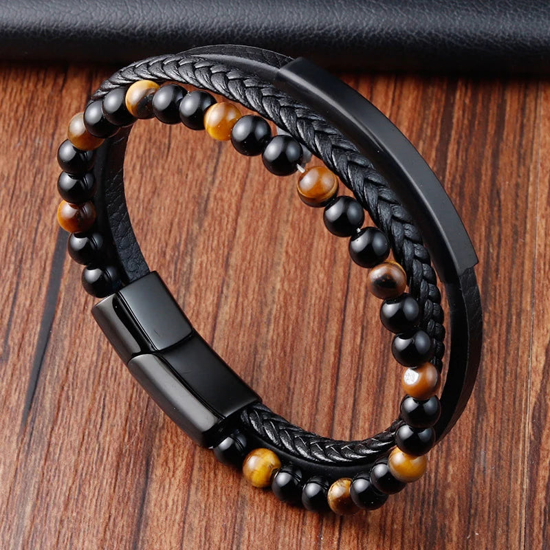 Stylish Charm Braid Rope Bracelet for Men with Stainless Steel Magnetic Buckle - Genuine Leather Jewelry
