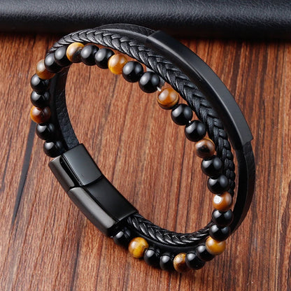 Stylish Charm Braid Rope Bracelet for Men with Stainless Steel Magnetic Buckle - Genuine Leather Jewelry