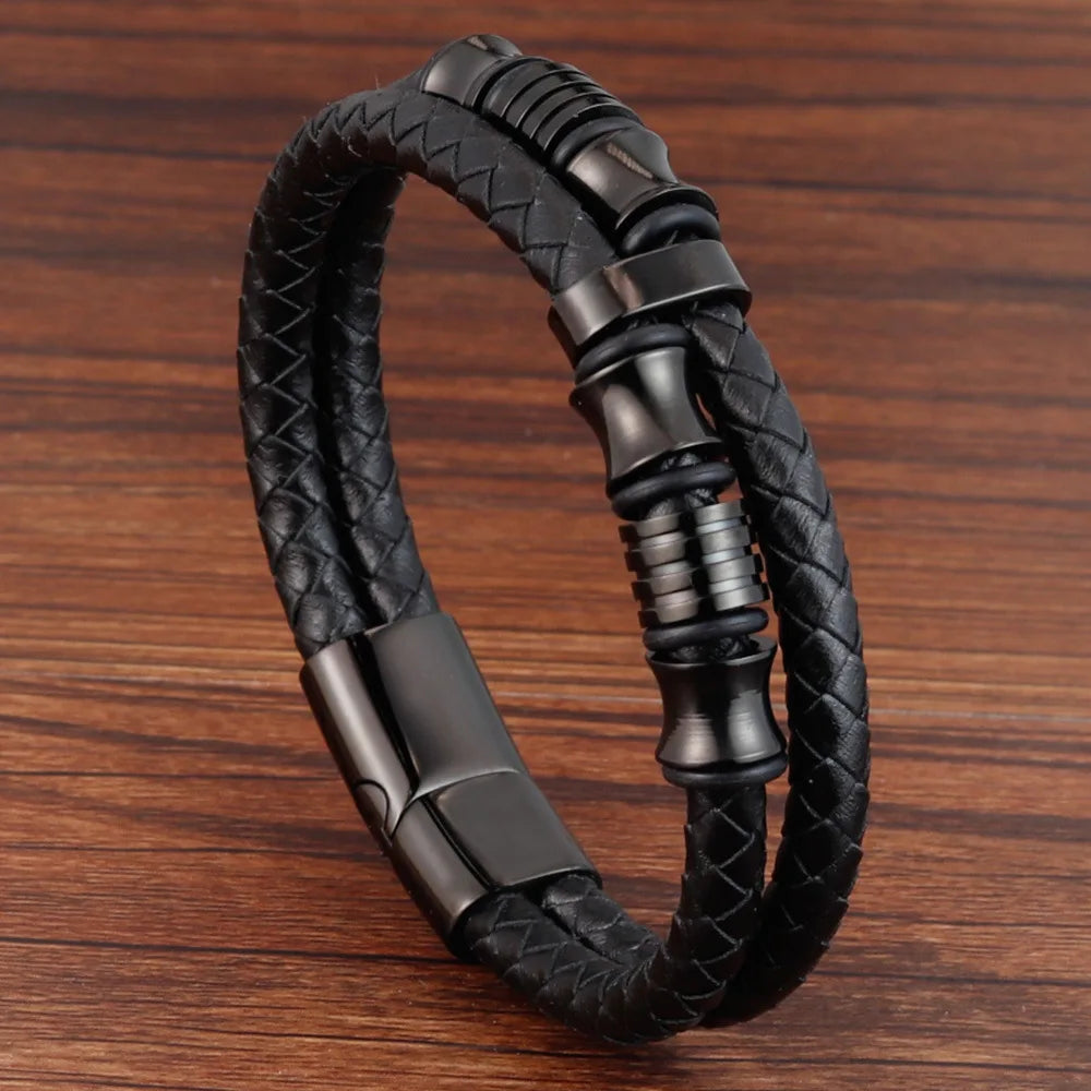 Stylish Charm Braid Rope Bracelet for Men with Stainless Steel Magnetic Buckle - Genuine Leather Jewelry