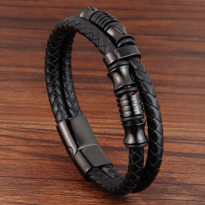 Stylish Charm Braid Rope Bracelet for Men with Stainless Steel Magnetic Buckle - Genuine Leather Jewelry