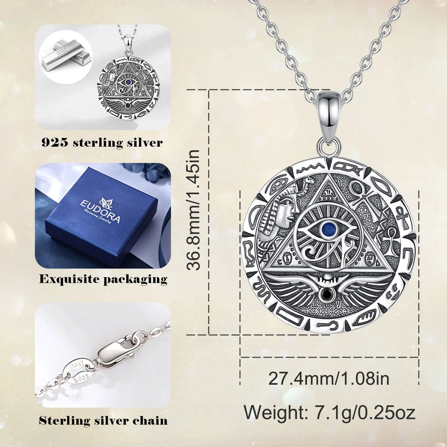 Stunning 925 Sterling Silver Egypt Pyramid All Seeing Evil Eye Illuminati Necklace - Perfect Egyptian Cross Amulet Pendant Gift for Men and Women